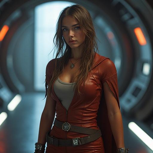 A girl character in snug clothing on a spaceship background. She has long hair and stands confidently. The space ship has futuristic elements and subdued lighting.