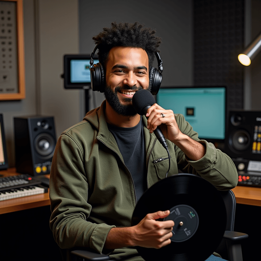 A smiling man holding a vinyl record in a music studio, surrounded by audio equipment.