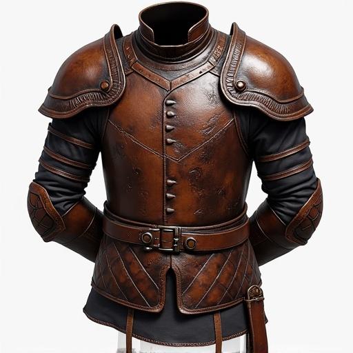 Detailed leather body armor designed for an ARPG game. Highlight equipment slot features suitable for character integration. No background to focus on the armor design.