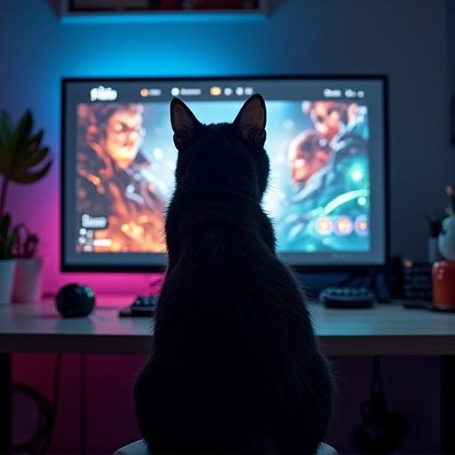 A cat sits in front of a computer screen. The screen displays a gaming interface with the inscription f1zik. Ambient lighting creates a cozy atmosphere. The setup is modern and stylish.