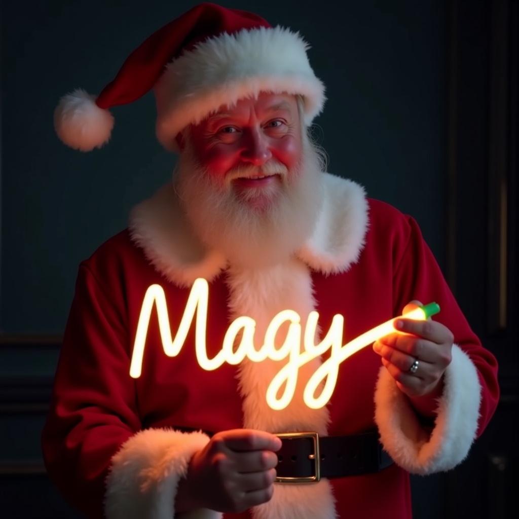 Image of Santa Claus in red and white suit holding a glow stick. The glow stick forms the name 'Magy'. Santa has a jolly expression. Scene is festive and warm. Captures the magic of Christmas.