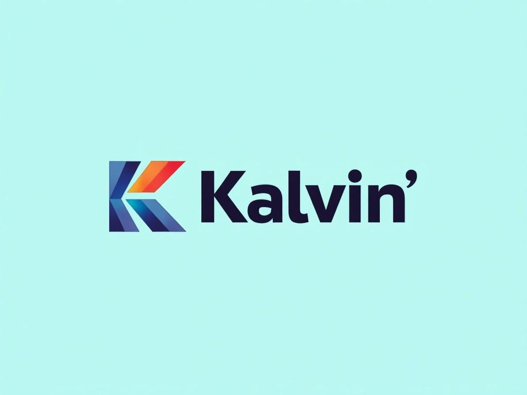 The image features a modern logo design for 'Kalvin'. The logo includes a bold 'K' composed of geometric shapes in vibrant colors like red, orange, blue, and dark navy. The background is a soft mint green, which emphasizes the brightness of the logo. The logo text appears sleek and contemporary, showcasing a minimalist style. This design is suitable for a fashion or retail brand aiming to appeal to a trendy audience.