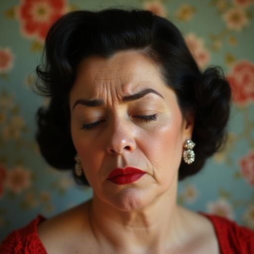 Portrait of a woman with a classic 1950s hairstyle. Face shows signs of age with wrinkles. Her lips are prominently red. Eyes are closed expressing shyness and pain. She wears diamond earrings. Floral wallpaper serves as the background.