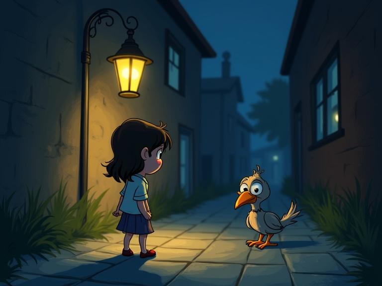 Cartoon scene features a girl passing by a dimly lit alley looking at a lamp. She suddenly notices a strange bird with glinting feathers staring at her in the light.