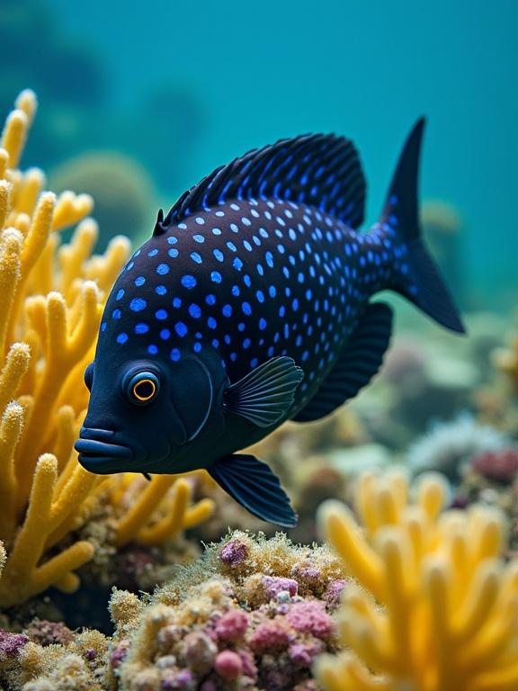 Capture an underwater scene featuring a dark-colored fish with bright blue spots swimming among vibrant yellow corals. Show richness of marine life and biodiversity.