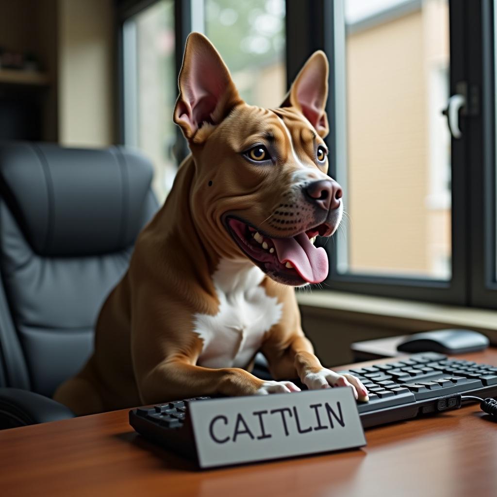 A pitbull dog is sitting at a computer desk. The dog is on the phone. There is a sign on the desk that says 'CAITLIN'.