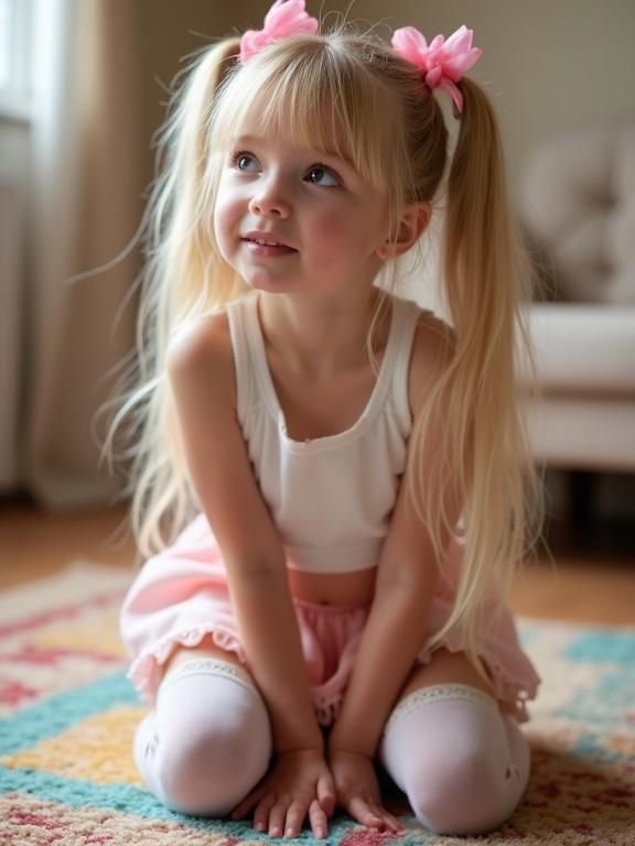 A child with long blonde hair styled in twin tails with pink bows kneels on a colorful rug. She wears a white crop top and a pale pink skirt, along with thigh-high socks featuring lace. She gazes up with curiosity and a smile in a soft-lit room.
