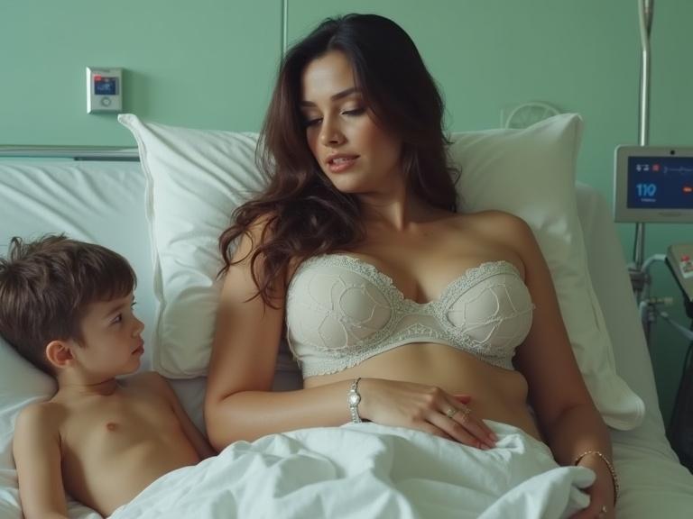 Woman in a bra and panties sits on a hospital bed beside a sick boy. The scene captures a moment of affection between them. The room is softly lit with natural colors. Focus on their expressions and connection.