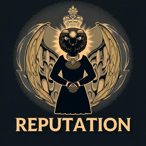 Artwork features an owl-headed figure in a dark dress. The figure stands with hands clasped, surrounded by golden wings and a crown. The word 'REPUTATION' appears prominently below the figure.