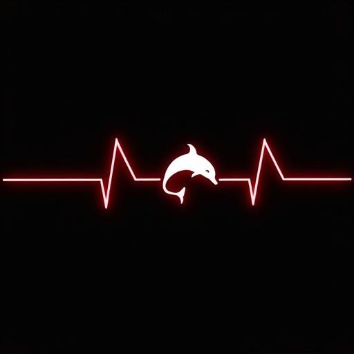 Striking design with red EKG line on black background. White dolphin silhouette forms a segment of heartbeat. Arching body replaces part of red line. Minimalist and symbolic visual.