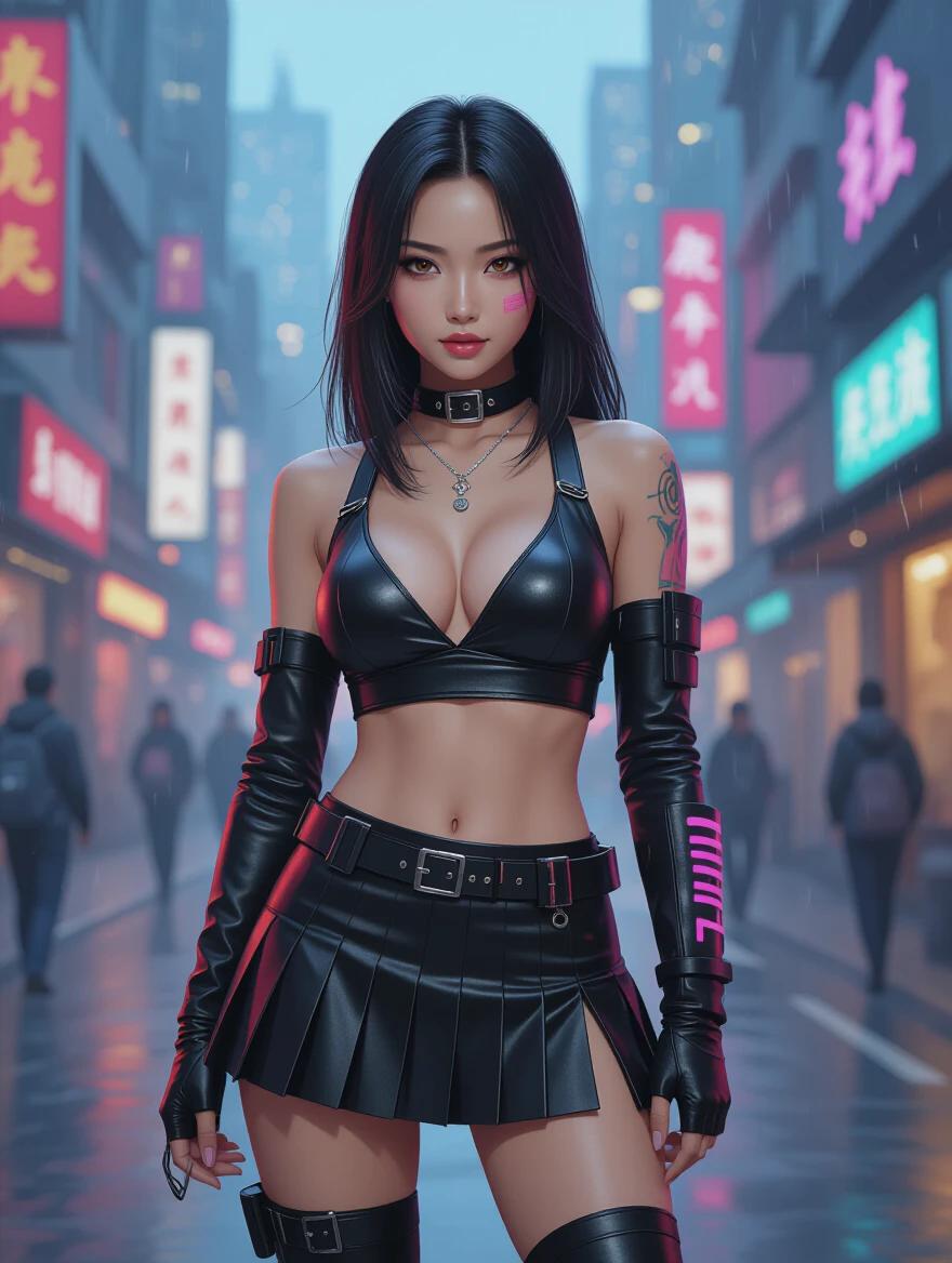 Hot asian girl in a cyberpunk universe. She wears a revealing crop-top and a pleated mini-skirt. High boots accentuate her legs. The setting features tall buildings with vibrant neon signs. Rain enhances the urban atmosphere and reflects colors on the pavement.