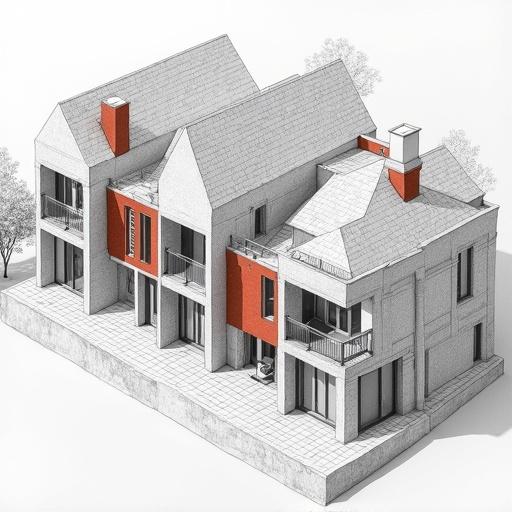 Hyperrealistic isometric architectural pencil sketch of terraced town houses. Dimensions included with color accents highlighted.