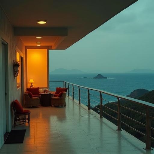 Cozy balcony with chairs overlooking the ocean. Ambient lighting from a warm interior. Soft blue sea and mountains in the background. Modern architectural design.