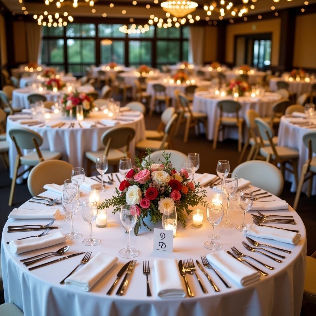 The image captures an elegant wedding reception setup. There are several round tables adorned with soft white tablecloths. Each table features a vibrant floral centerpiece that reflects the couple's unique style. Candles provide a warm glow, enhancing the romantic ambiance. Guests can see table number signs and a special poem from the groom to the bride on each table.