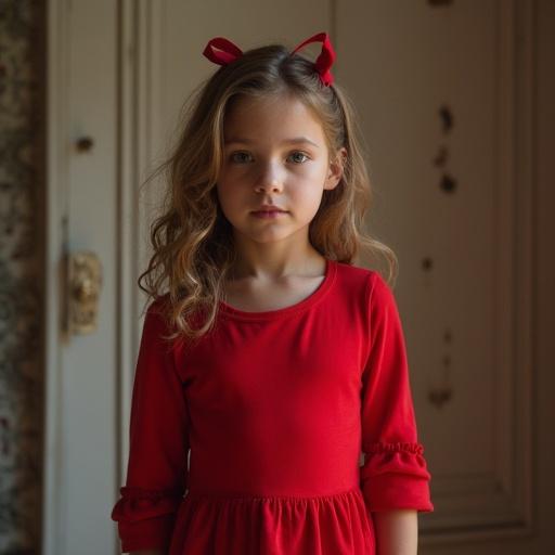 Caucasian girl wears a red dress. Soft natural light enhances her features. The scene conveys a warm, inviting atmosphere.
