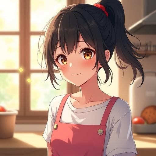 Anime style illustration of young woman with shy smile. She has messy dark hair in ponytail with red hair tie. Wearing pink apron. Cozy kitchen background with warm sunlight.