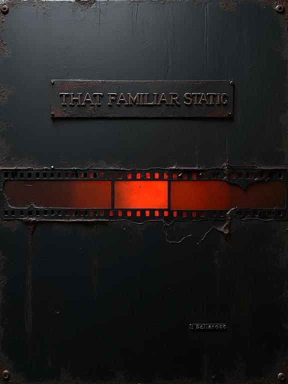 A dark minimalist rough oil painting features a textured black background that resembles rough matte industrial paint. A damaged film negative strip runs across the center with a dim red-orange glow behind one frame. Surrounding cracks look charred and dry. A distressed black metal plaque at the top has the title 'That Familiar Static' in embossed lettering. A small crooked nameplate at the bottom right reads 'H. Bellerose'. The overall palette is dark and shadow-heavy, with emphasis on textures and a moody tone.