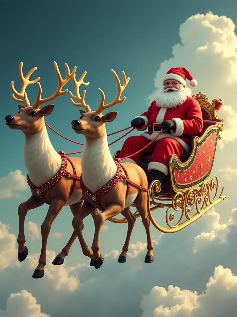 Vintage reindeer flying through clouds. Santa dressed in red. Sleigh adorned with jewels. Cheerful scene.