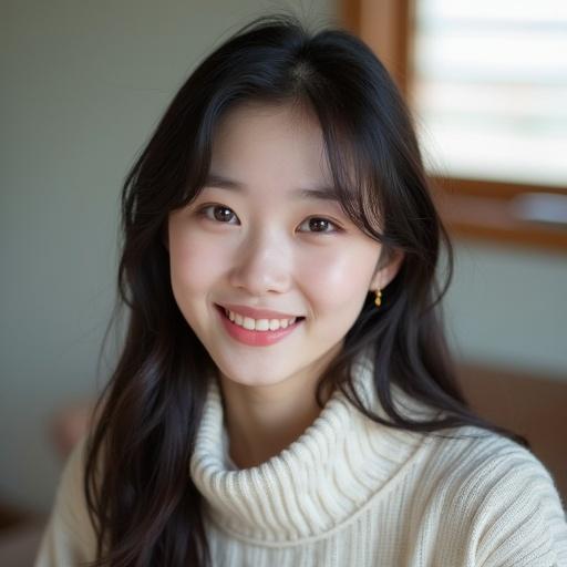 Image of a girl with black hair smiling. She wears a cozy white sweater. Background has natural light and a simple interior.