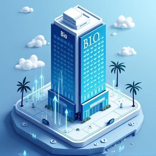 Illustration of a modern biotech company preparing for IPO in Southeast Asia. Show tall office building with 'BIO' or DNA helix on the glass. Regional cues include Malaysian flag and palm trees. Soft lighting with highlights and shadows. Flat 2.5D vector or isometric style.