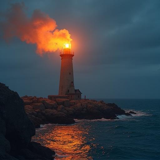 Lighthouse emits fire instead of light. Stormy sea surrounds rocky coast. Dark clouds fill the sky. Bright flames ignite from lighthouse top.