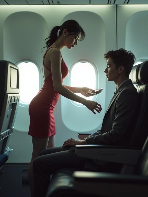 Image of a glamorous stewardess serving a male passenger on an airplane. She wears a red dress and knee-length stockings. The scene captures a moment of interaction.