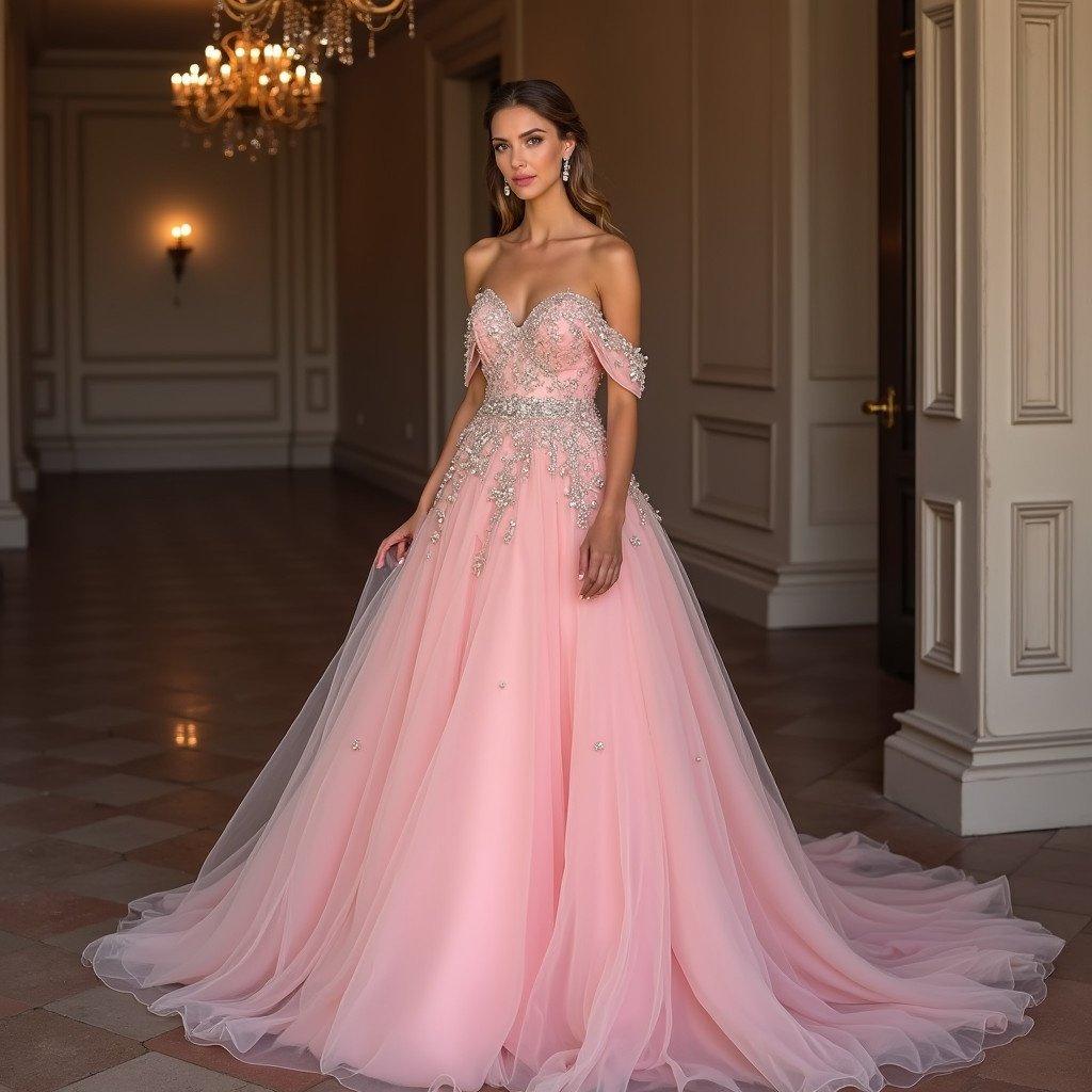 Elegant lady wearing a pink low cut off shoulder ballgown. The gown is adorned with sequins and delicate details. The setting features a classic interior design with chandeliers and ornate walls.