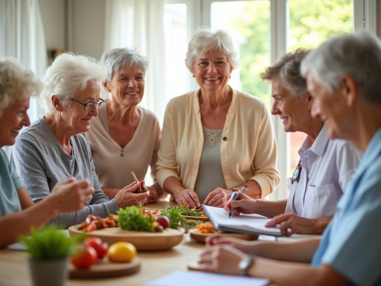 Vibrant older women engaged in health activities. One woman exercises while another enjoys a plant-based meal. A woman journals peacefully. Someone reviews a wellness plan with a provider. Include bone and heart health elements. Create positive empowering atmosphere for proactive aging.