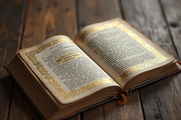 An open book with ornate pages lies on a wooden table. The book features golden embossing and intricate designs. Soft lighting creates a warm ambiance around the book.