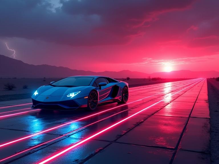 Cyberpunk style atmosphere vibrant with blue and red light. Futuristic Lamborghini set in a desert at sunset. Car appears from a distance with laser light wheel rims. Scene includes lightning and thunder effects. Long seven-lines laser light trail visible on ground. Front view with strobe running light in fog and rain.