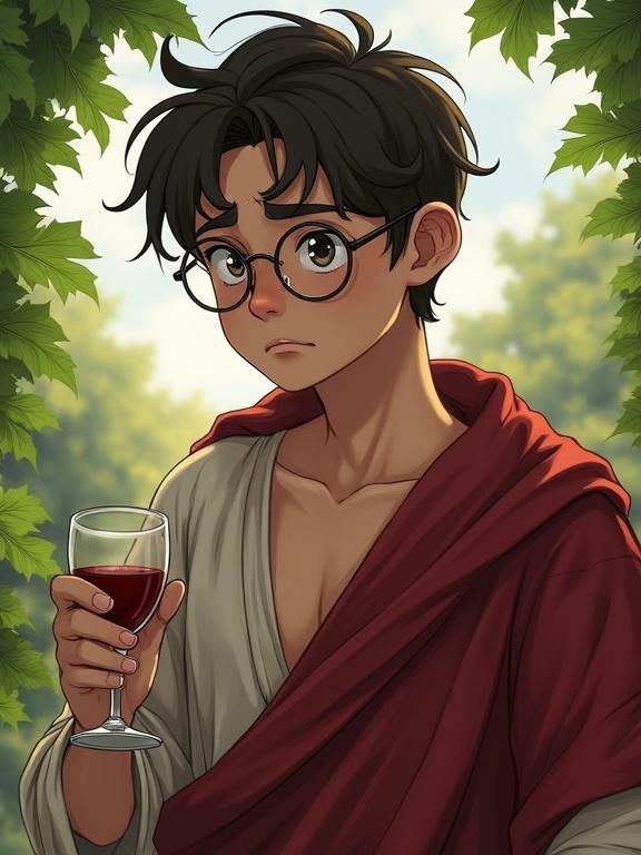 Young timid man in early 20s with round glasses wearing robes. He appears worried and pensively scared while outdoors with vines around. He holds a glass of wine. Artwork reflects digital painting style with fantasy elements.