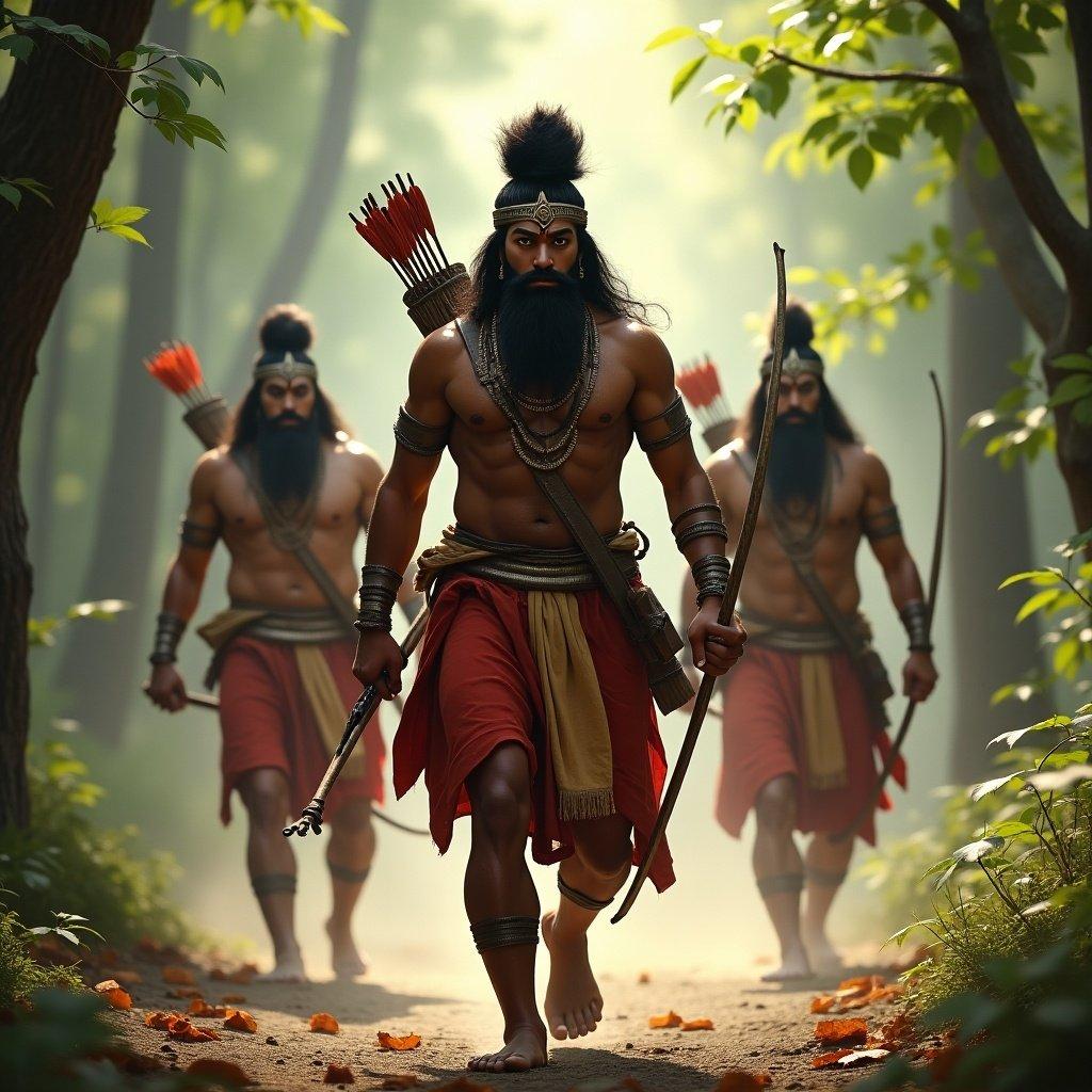 This image features Ravana warriors from Hindu mythology walking through a lush forest. They are adorned in traditional colorful attire, showcasing their cultural heritage. Each warrior holds a bow and arrows, reflecting their readiness for battle. Their expressions are strong and determined, emphasizing their bravery. The setting is illuminated by soft light filtering through the trees, creating a mystical atmosphere. The focus is on their powerful presence as they advance through the forest, embodying the spirit of the epic tales from Hindu lore.