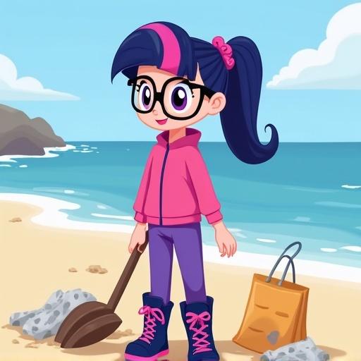 Twilight at the beach picking up litter and rubbish. Character has glasses and navy-blue hair with pink and purple stripe. Wears a pink tracksuit top, purple track pants, and knee-high navy-blue hiking boots.