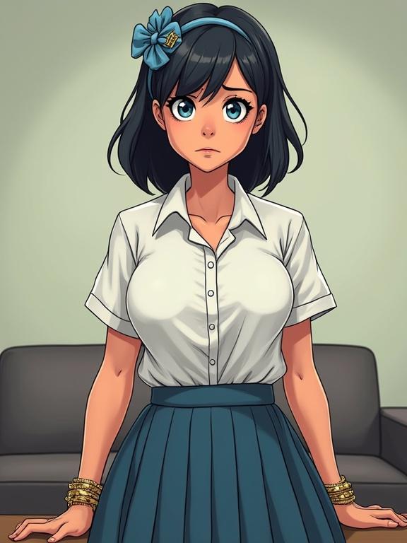 Portrait of a female character with dark shoulder length hair and blue eyes. Wearing a strained white school blouse and pleated blue skirt. Character appears nervous with an awkward posture. Static composition against a couch.
