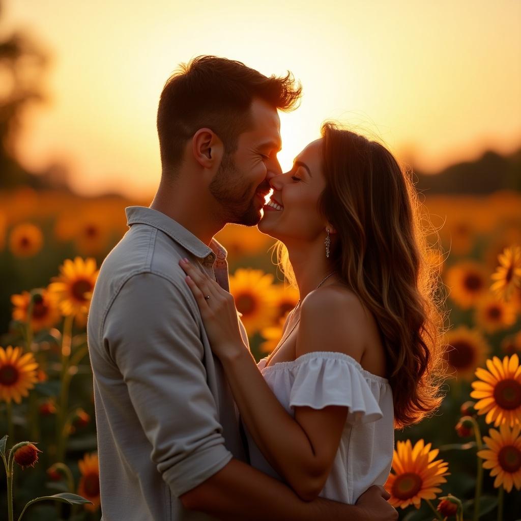 A couple kissing in a sunflower field. Warm, inviting environment. Natural light creates a romantic atmosphere.