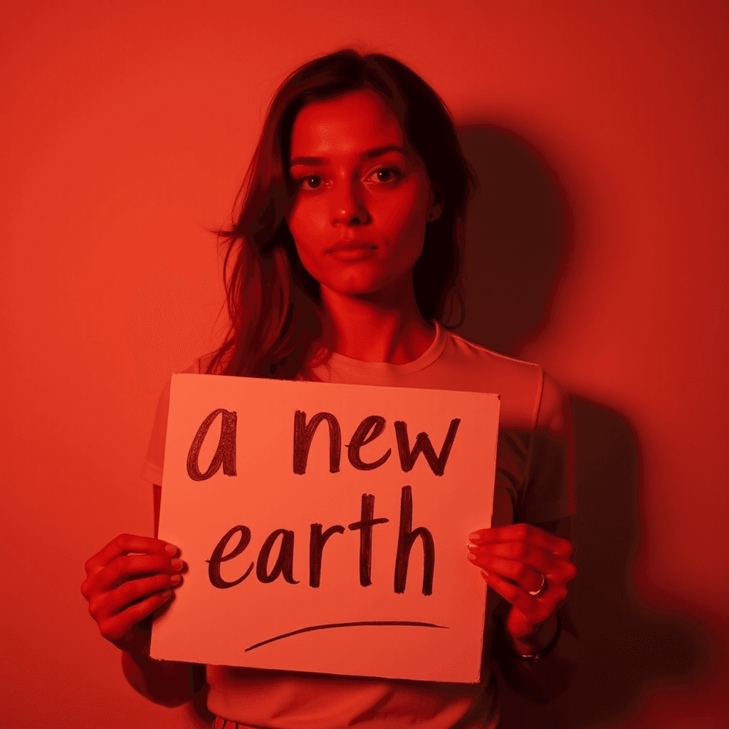 A woman holds a sign saying 'a new earth' under red lighting.