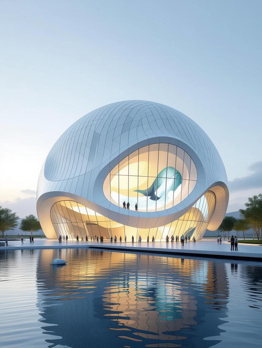 Design features fluid lines and aquatic movement. Dome architecture conveys tranquility and beauty. Surrounding waters inspire the design. Subtle elements enhance the artwork experience.