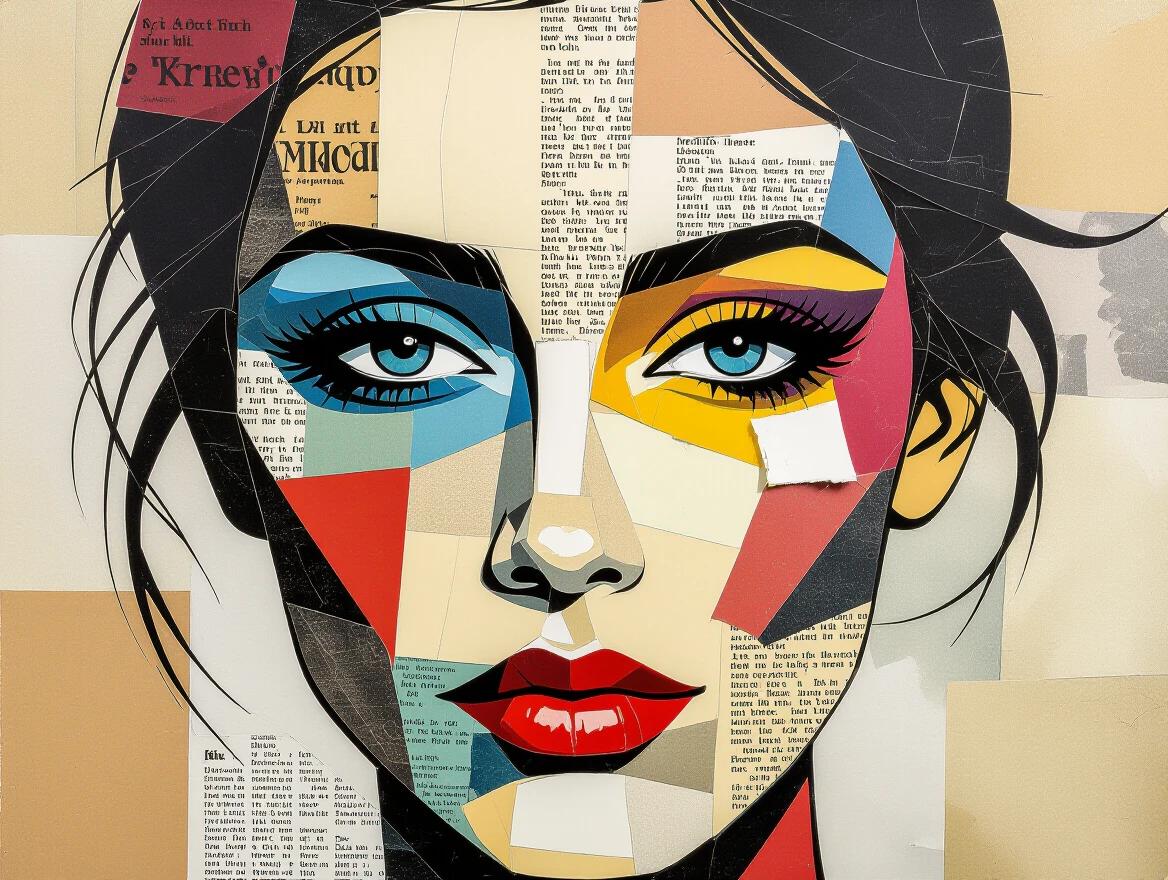 Half face portrait made from torn magazine pages and newspapers. Mixed media collage style with layered paper textures. Vintage color palette. One eye made from text fragments. Urban art aesthetics. Visible glue marks and paper edges. Contemporary art gallery style.