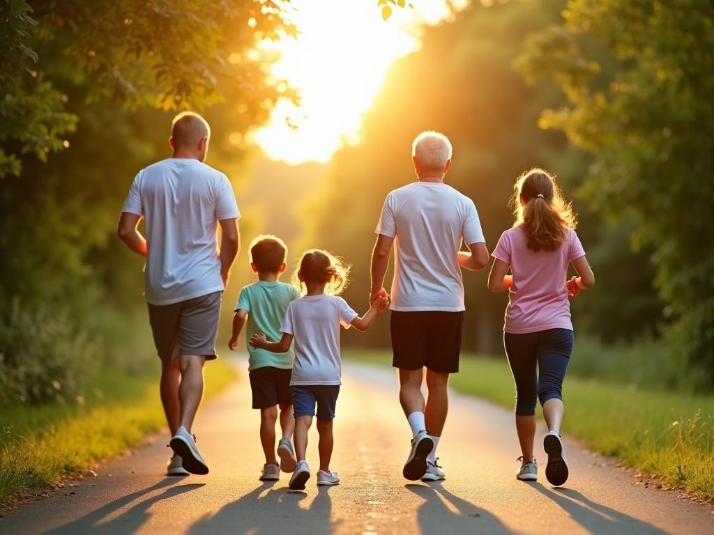 The image captures a family walking together in a serene outdoor setting during the golden hour. Four family members, including a grandparent, parents, and children, are depicted strolling hand-in-hand along a tree-lined path. The warm sunlight bathes the scene, enhancing the feeling of togetherness and warmth. This moment reflects shared experiences and the joys of family bonding in nature. The setting is peaceful, promoting an active and healthy lifestyle.