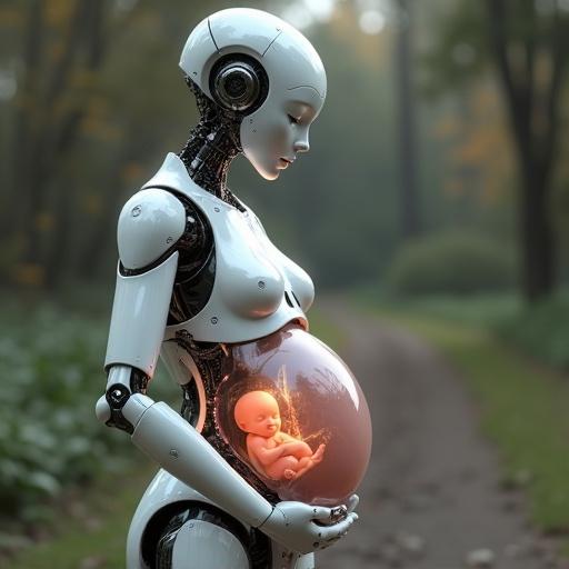 Full body profile photo of humanoid android with transparent belly. Eight months pregnant. Robot looking down at fetus inside. Touching moment captured. Highly detailed photorealism. Natural setting with soft lighting and depth of field.