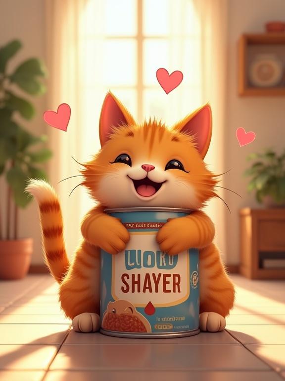 A happy cat hugs a large can of pet food while sitting on a tile floor. Sunlight shines through a window in the background, creating a warm atmosphere. The cat has a joyful expression. The pet food can shows the brand name 'SHAYER' on a colorful label. Cartoon-style heart doodles surround the cat. The style is a mix of realistic and slightly cartoonish, with warm lighting and high quality.
