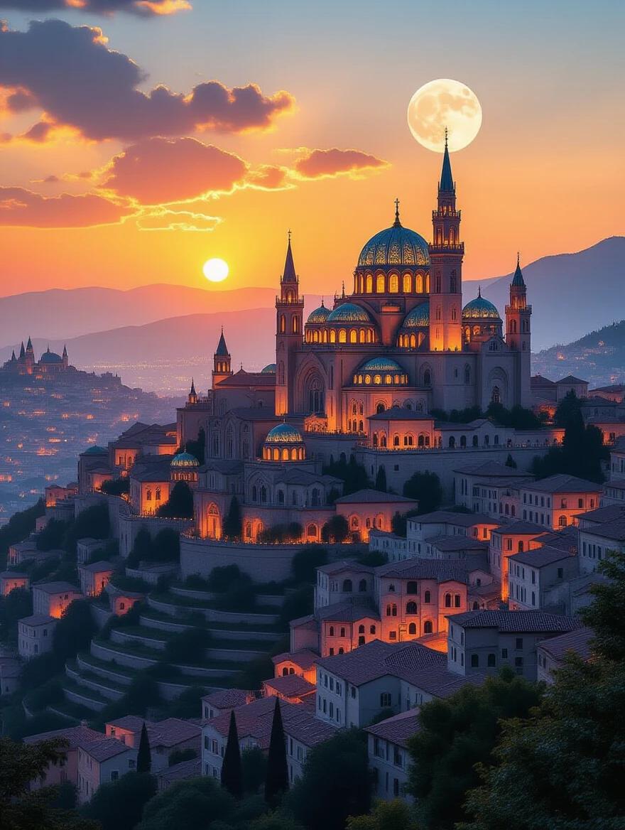 Masterpiece of a fantasy cityscape at sunset. Medieval town on terraced hills. Layered architecture features intricate domes and spires. Glowing stained-glass windows enhance ethereal vibe. Surreal lighting in warm orange and cool cyan. Double moons rise in the sky. Sharp focus with volumetric haze effects.