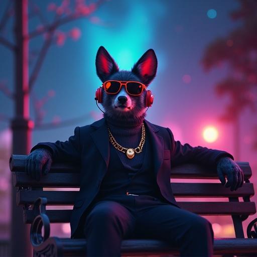 Dark scene with a cute dapper animal person on a park bench. Character wears futuristic sunglasses and headphones with a gold chain. Background features an RGB nebula sky. Suitable for a captivating music album cover.