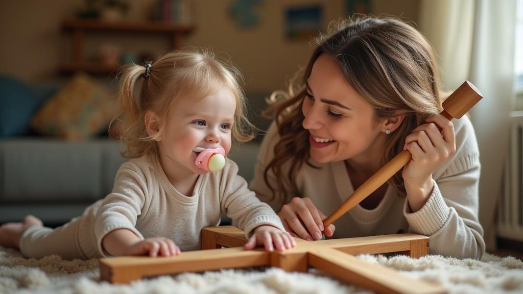 Mother and daughter play together. Child has a pacifier and rests on a large cross. Mother uses a toy hammer to tap on child's hands. The scene is warm and inviting. The setting showcases childhood innocence. Mother and daughter share a joyful moment. Environment reflects creativity and imaginative play.