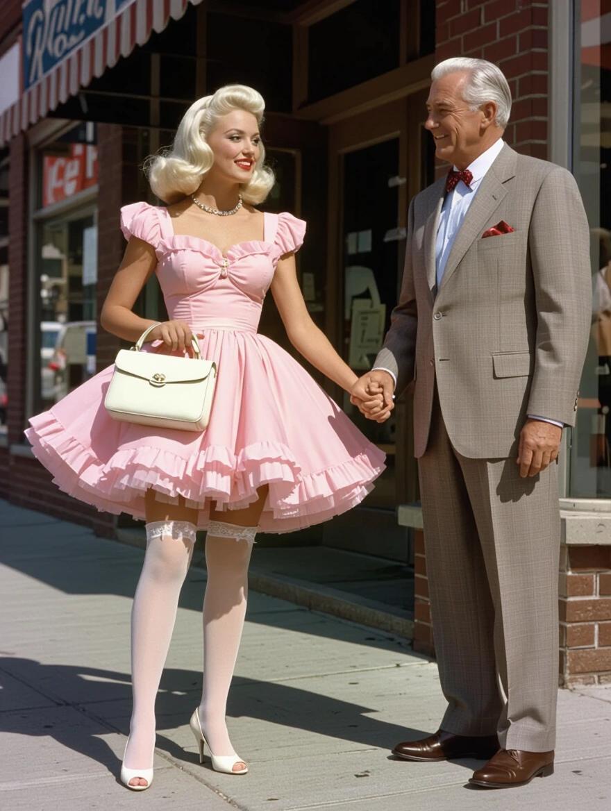 1960s woman with platinum blonde hair wearing pink frilly dress holding white purse. She stands with an older man on a small town sidewalk. Dress is blowing in the wind. Couple holding hands.