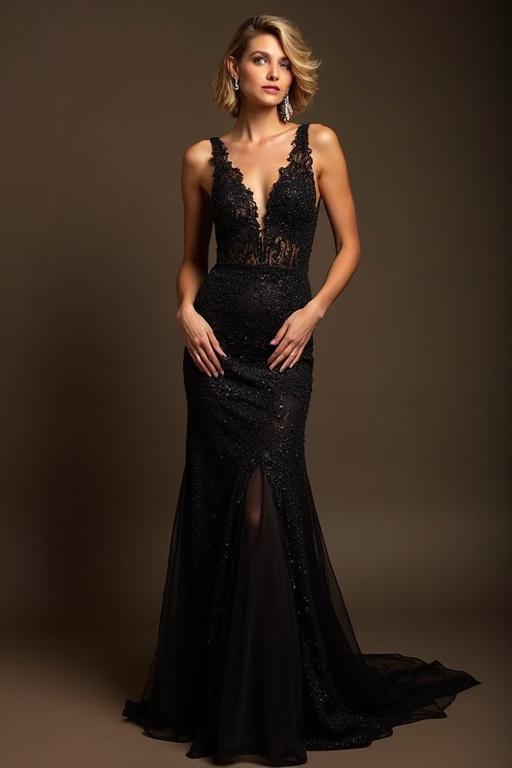 Elegant long night dress with intricate details. Model poses confidently showcasing the gown's features. Dark background emphasizes the dress's elegance.