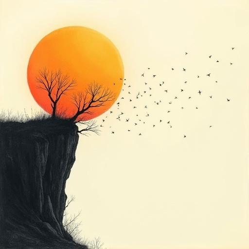 Surreal artwork of a large orange sun on the left side partially eclipsed by a dark cliff. Black tree branches extend to the right with tips fading to twigs. Small birds fly into a bright sky conveying themes of freedom and loss. Minimalist style with strong contrasts between warm sun and barren surroundings. Hand-drawn style with colored pencil texture, featuring light shading and soft shadows.