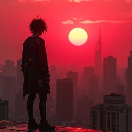 Cyberpunk rooftop scene with a man gazing at a red sunset over a dystopian city. The skyline features tall buildings silhouetted against the vibrant sky. The man's outfit is patched and he has messy dark hair. The atmosphere is filled with solar flares.