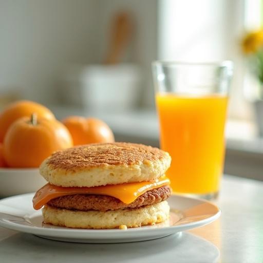 Bright kitchen countertop scene featuring a classic American breakfast. The image showcases a McMuffin sandwich with cheese and a glass of orange juice. Background includes soft colors and a cheerful morning atmosphere. The food is well-lit and appears appetizing.