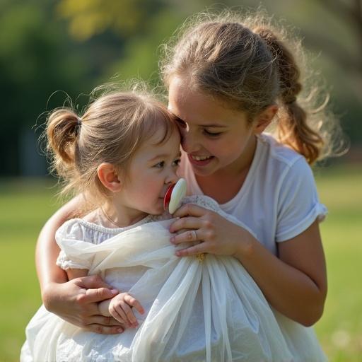 A mother and daughter are enjoying a playful moment outside. The mother is holding a large garbage bag. The daughter is holding a large pacifier. It is a bright sunny day. Their interaction is lighthearted and fun.